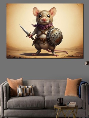 Artmeg Kılıç Tutan Savaşçı Fare Illüstrasyonu Dekoratif Kanvas - Mdf Ahşap Tablo