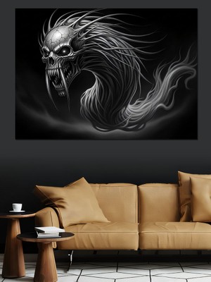 Artmeg Karanlıkta Yükselen Beyaz Ejderha Silüeti Dekoratif Kanvas - Mdf Ahşap Tablo