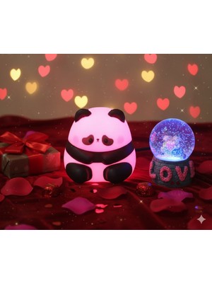 Home Dekor Hediye 2 Li Sevgiliye Romantik Hediye Seti Slikon Panda Renkli LED Gece Lambası ve 9 cm Love Kar Küresi Set