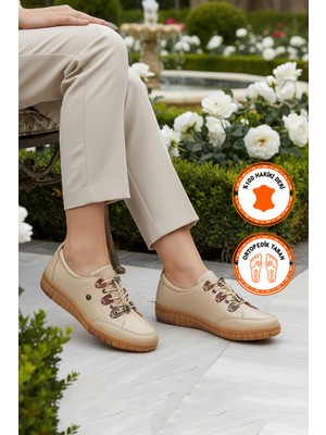 Bej Hakiki Deri Ortopedik Kadın Casual Ayakkabı 401 Z