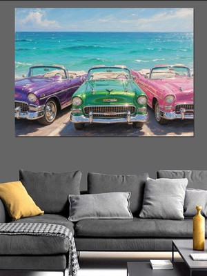 Artmeg Sahilde Park Etmiş Klasik Arabalar Dekoratif Kanvas - Mdf Ahşap Tablo
