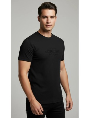 Werroni Erkek Siyah Slim Fit Kabartma Baskılı T-Shirt