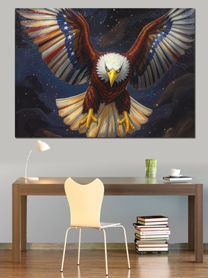 Artmeg Görkemli Kartal ve Amerikan Bayrağı Dekoratif Kanvas - Mdf Ahşap Tablo