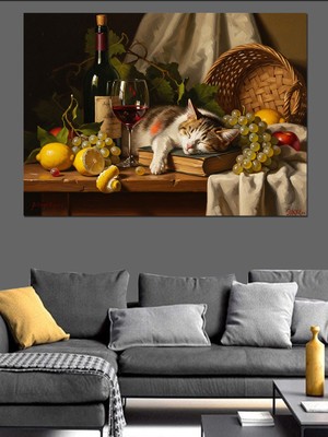 Artmeg Masada Uyuyan Kedi ve Üzümler Dekoratif Kanvas - Mdf Ahşap Tablo