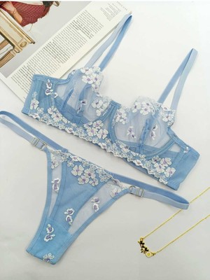 La Linaa Anna Buz Mavisi Dantel Kapsız Sütyen ve Külot Takım 2 Parça Nefes Alabilir Kadın İç Giyim