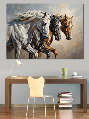 Artmeg Dört Farklı Renkte Koşan Atlar Dekoratif Kanvas - Mdf Ahşap Tablo
