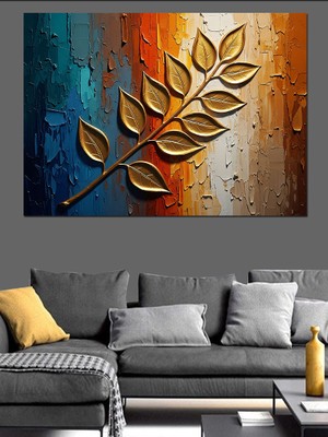 Artmeg Kabartmalı Altın Yaprak Desenli Tablo Dekoratif Kanvas - Mdf Ahşap Tablo