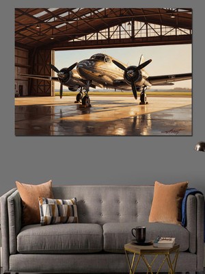 Artmeg Hangarda Duran Klasik Savaş Uçağı Dekoratif Kanvas - Mdf Ahşap Tablo