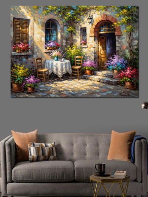 Artmeg Çiçekli Bahçede Romantik Masa Dekoratif Kanvas - Mdf Ahşap Tablo