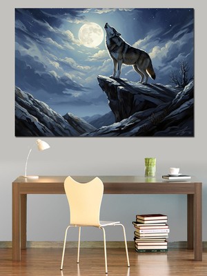 Artmeg Kayalıkta Dolunaya Uluyan Yalnız Kurt Dekoratif Kanvas - Mdf Ahşap Tablo