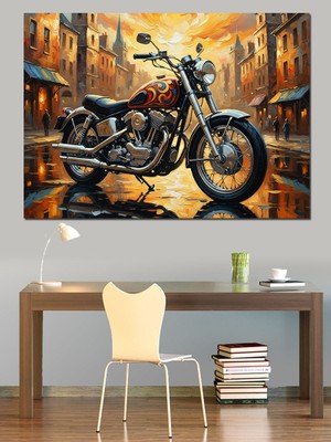 Artmeg Klasik Motosiklet Şehir Caddesi Tablo Dekoratif Kanvas - Mdf Ahşap Tablo