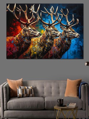 Artmeg Renkli  Üç Geyik Portresi Dekoratif Kanvas - Mdf Ahşap Tablo