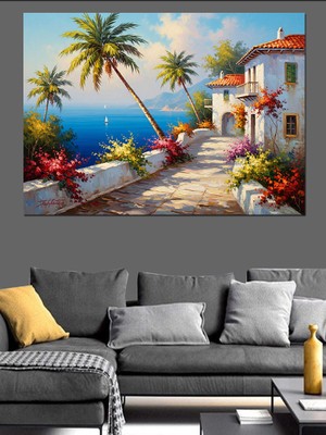 Artmeg Akdeniz Kasabası Çiçekli Sokak Dekoratif Kanvas - Mdf Ahşap Tablo