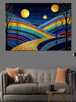 Artmeg Renkli Geometrik Dağ Manzarası Tablosu Dekoratif Kanvas - Mdf Ahşap Tablo