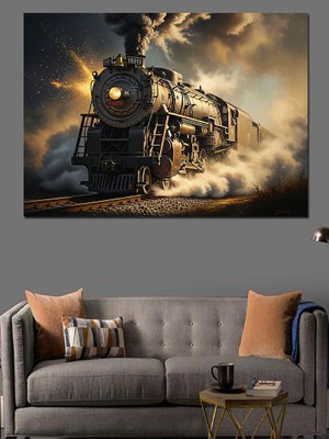 Artmeg Dağların Arasında Buharlı Siyah Tren Dekoratif Kanvas - Mdf Ahşap Tablo