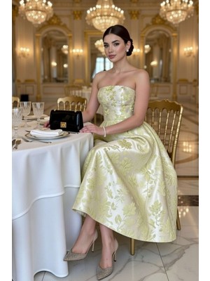 Zishan Fashion Straplez Jakarlı Desenli Uzun Abiye Elbise – Sarı & Mavi | Şık Davet ve Nişan Elbisesi 663