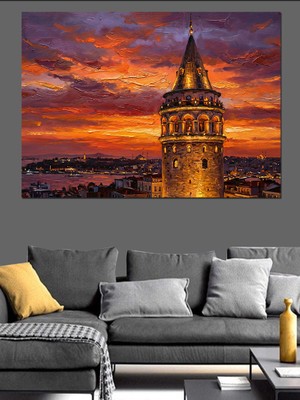 Artmeg Galata Kulesi Istanbul Gün Batımı Dekoratif Kanvas - Mdf Ahşap Tablo