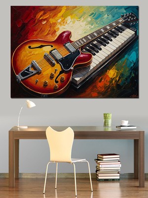 Artmeg Gitar ve Piyano Tuşları Kolajı Dekoratif Kanvas - Mdf Ahşap Tablo
