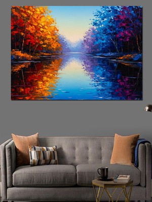 Artmeg Sonbahar Ormanı ve Göl Yansıması Dekoratif Kanvas - Mdf Ahşap Tablo