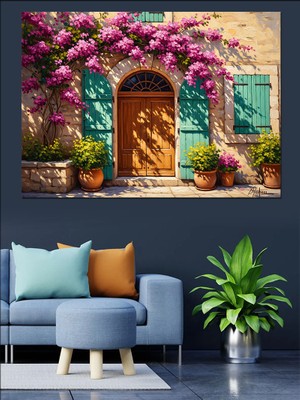 Artmeg Begonvilli Kapı ve Nostaljik Sokak Dekoratif Kanvas - Mdf Ahşap Tablo