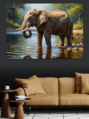 Artmeg Nehir Kenarında Yürüyen Büyük Fil Dekoratif Kanvas - Mdf Ahşap Tablo