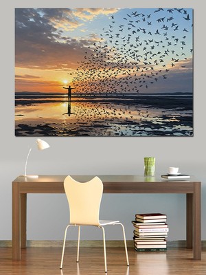 Artmeg Deniz Üzerinde Kuş Sürüsü Tablosu Dekoratif Kanvas - Mdf Ahşap Tablo
