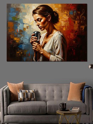 Artmeg Mikrofon Tutan Şarkıcı Kadın Dekoratif Kanvas - Mdf Ahşap Tablo