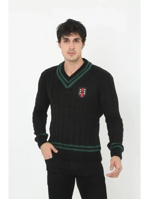 MiraLive Miray- Erkek V Yaka Örgülü Kazak - Siyah