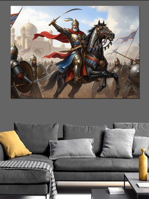 Artmeg At Üzerinde Kılıçlı Tarihi Savaşçı Dekoratif Kanvas - Mdf Ahşap Tablo