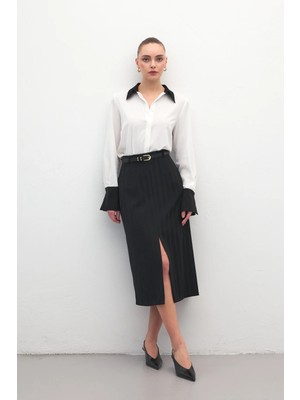 Sateen Anna Yırtmaçlı Etek - Siyah
