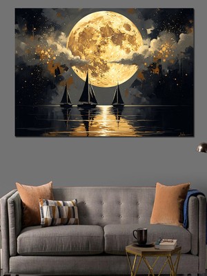 Artmeg Ay Işığında Yelkenli Deniz Manzarası Dekoratif Kanvas - Mdf Ahşap Tablo