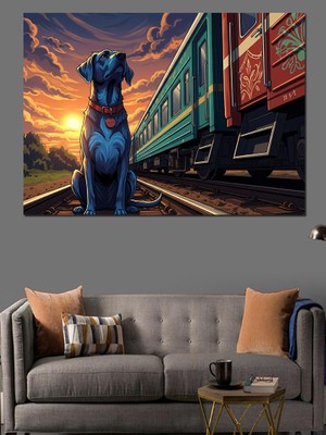 Artmeg Istasyonda Bekleyen Siyah Köpek Tablosu Dekoratif Kanvas - Mdf Ahşap Tablo
