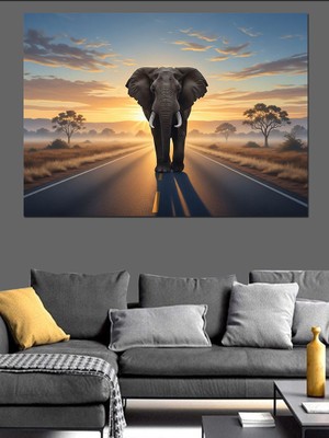 Artmeg Yolda Ilerleyen Heybetli Afrika Fili Dekoratif Kanvas - Mdf Ahşap Tablo