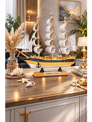 Kesene Dekoratif Premium Ahşap El Yapımı Yelkenli Gemi Maketi Masa Üstü Biblo Hediye Gemi 33 x 33 cm 531-C