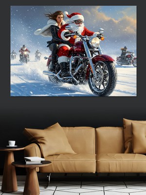 Artmeg Motosiklette Noel Baba Kış Tablosu Dekoratif Kanvas - Mdf Ahşap Tablo