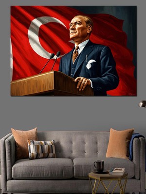 Artmeg Türk Bayrağı Önünde Atatürk Portresi Dekoratif Kanvas - Mdf Ahşap Tablo