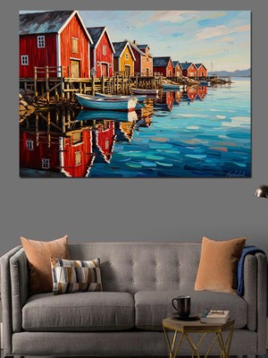 Artmeg Göl Kenarı Renkli Evler Tablosu Dekoratif Kanvas - Mdf Ahşap Tablo