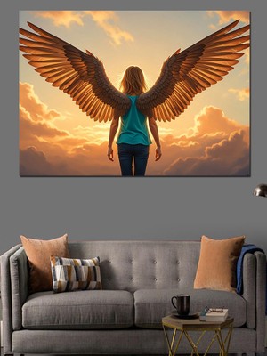 Artmeg Kanatlı Melek Silüeti Gün Batımı Dekoratif Kanvas - Mdf Ahşap Tablo