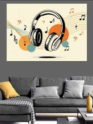 Artmeg Notalar ve Kulaklık Müzik Illüstrasyonu Dekoratif Kanvas - Mdf Ahşap Tablo