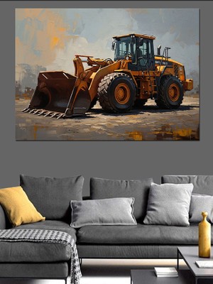 Artmeg Şantiyede Çalışan Modern Sarı Dozer Dekoratif Kanvas - Mdf Ahşap Tablo