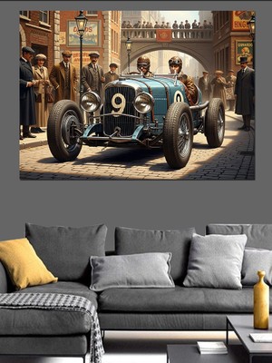 Artmeg Yarış Pistinde Klasik  Retro Spor Araba Dekoratif Kanvas - Mdf Ahşap Tablo