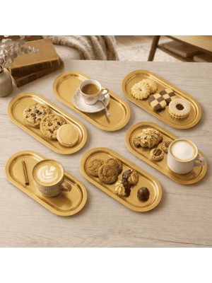 Sarkap Home 16x35 cm 6'lı Gold Oval Sunumluk Metal Servis Tepsisi