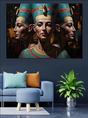 Artmeg Üçlü Mısır Kraliçesi Nefertiti Portresi Dekoratif Kanvas - Mdf Ahşap Tablo