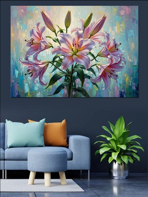 Artmeg Pembe Zambaklar ve Bahar Buketi Dekoratif Kanvas - Mdf Ahşap Tablo