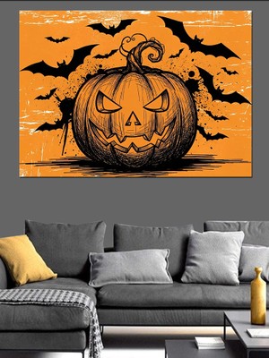 Artmeg Turuncu Kabak ve Yarasa Halloween Dekoratif Kanvas - Mdf Ahşap Tablo