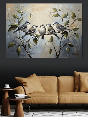 Artmeg Dal Üzerinde Üç Küçük Kuş Dekoratif Kanvas - Mdf Ahşap Tablo
