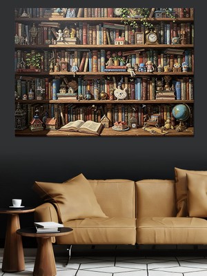 Artmeg Klasik Kütüphane ve Kitaplık Tablosu Dekoratif Kanvas - Mdf Ahşap Tablo