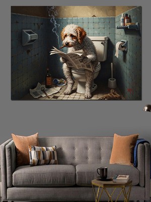 Artmeg Gazete Okuyan Köpek Banyo Komedisi Dekoratif Kanvas - Mdf Ahşap Tablo