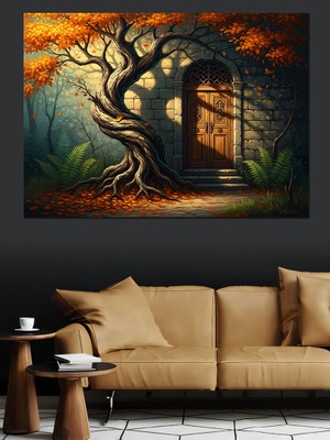 Artmeg Kapısında Ağaç Olan Eski Ev Dekoratif Kanvas - Mdf Ahşap Tablo