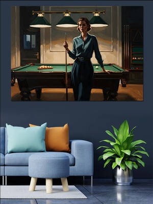 Artmeg Bilardo Masasında Duran Şık Kadın Dekoratif Kanvas - Mdf Ahşap Tablo